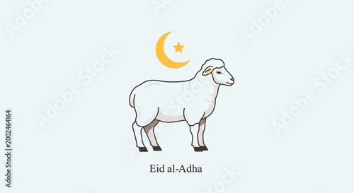 Minimalist illustration of a white sheep for Eid al-Adha celebration with crescent moon.