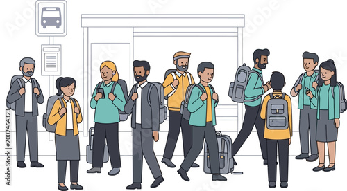 Group of diverse travelers waiting at a bus station terminal.