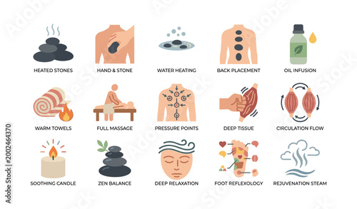 Massage and spa icons showing treatments and relaxation services