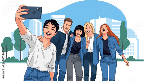 Group of diverse young friends taking a selfie together.