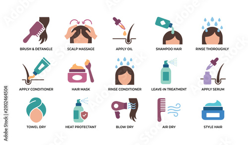 Hair care routine and styling icons arranged on white background