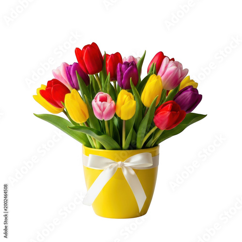 Colorful tulips in yellow pot with white ribbon isolated on transparent background