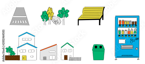 まちの風景_住宅地,公園,横断歩道,緑,ベンチ,自動販売機_ビビッドなカラー1｜Cityscape of a residential area with a park, crosswalk, greenery, bench, and vending machine - Vivid Color