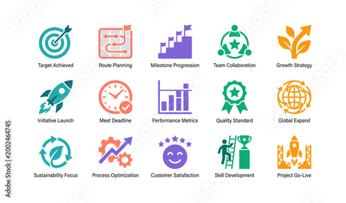 Business and project icons showing goals progress on white background