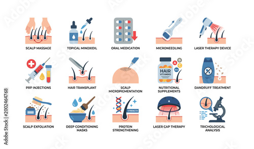 Hair and scalp treatment icons showing therapies on white background