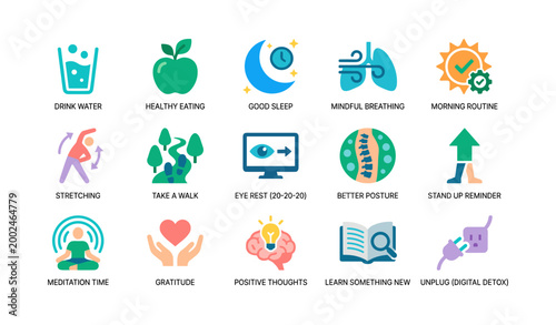 Wellness and self care icons promoting daily healthy habits