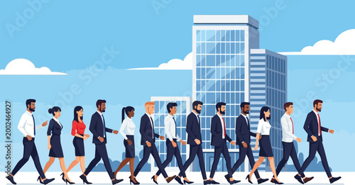 Group of professional business people walking together in a row.