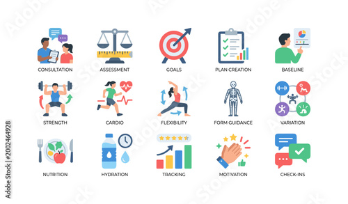 Fitness icons showing training plans and tracking on white background