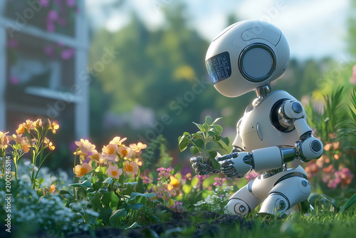 Humanoid robot planting flower in the garden surrounded by blooming plants and bright sunlight.