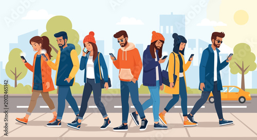 Group of young people walking together on the sidewalk using smartphones.