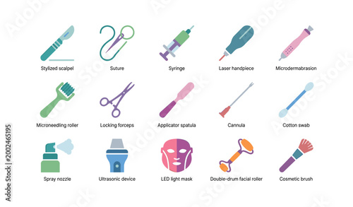 Cosmetic and medical instruments arranged in grid layout