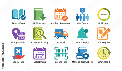Library hold and reservation icons showing workflow and status grid