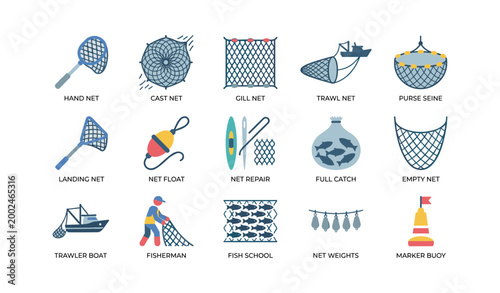 Fishing net icons showing different net types and gear