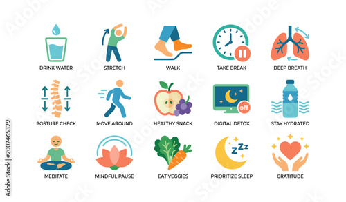 Wellness icons showing healthy habit actions in a white grid