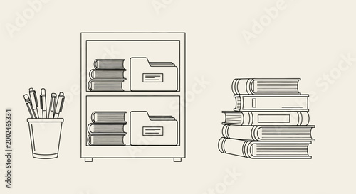 Hand drawn office supplies set with bookshelves and stack of books.
