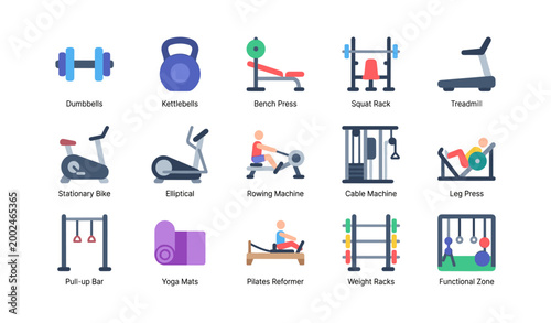 Gym equipment icons arranged in rows on white background