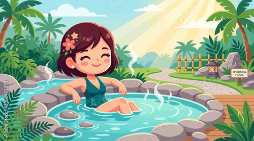 Cute girl enjoying a relaxing soak in an outdoor thermal hot spring pool surrounded by nature, vector illustration.
