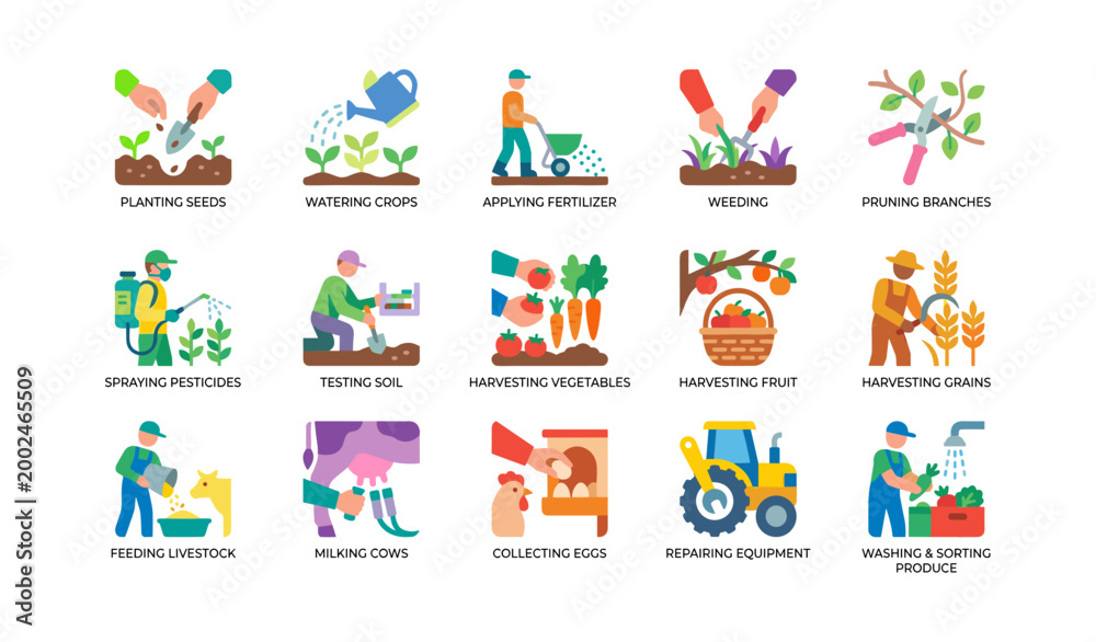 Fototapeta premium Agricultural tasks icons illustrating farming activities on white