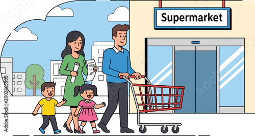 Happy family walking to the supermarket for grocery shopping.