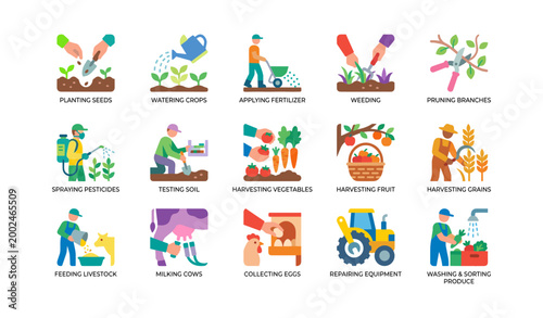Agricultural tasks icons illustrating farming activities on white