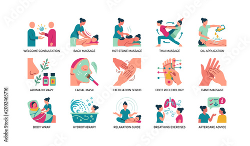 Spa and massage icons showing treatments and services