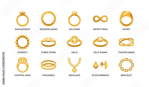 Gold ring and jewelry icons arranged in rows on white background