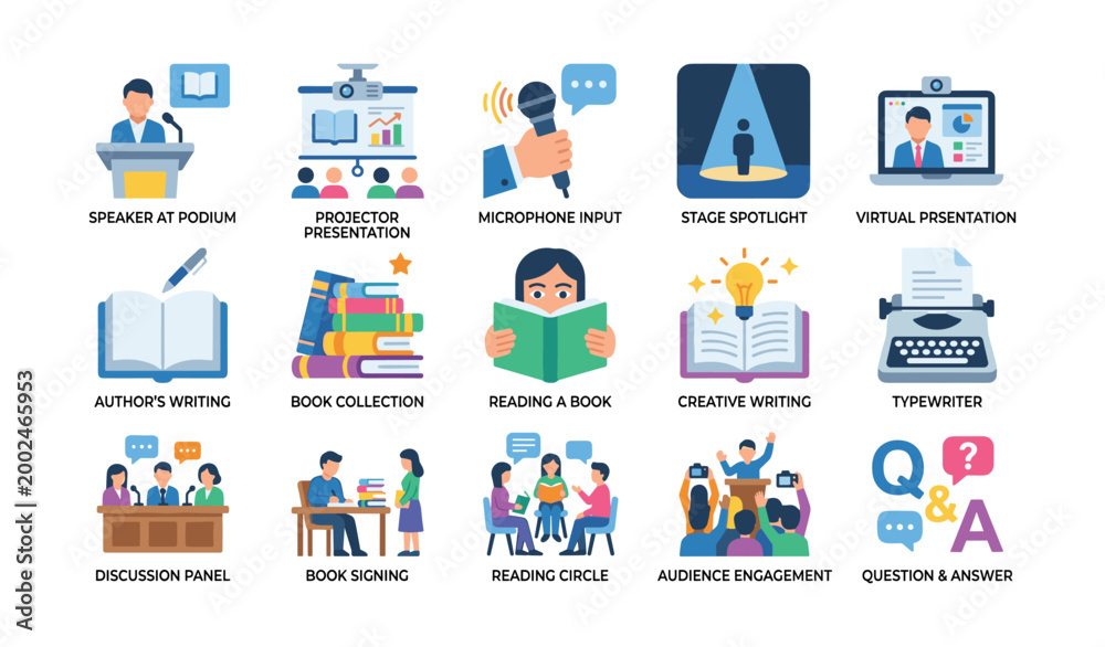 Fototapeta premium Presentation and reading icons arranged in education event grid
