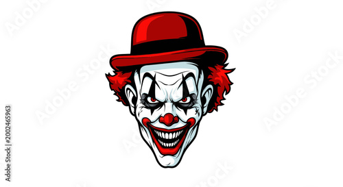 Scary Clown Face with Red Hat, Horror Halloween Character, Creepy Makeup
