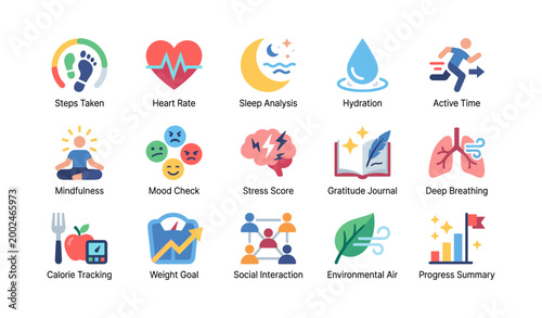 Wellness icons displaying health metrics on white grid