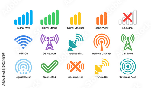 Signal and network icons showing connectivity statuses on white