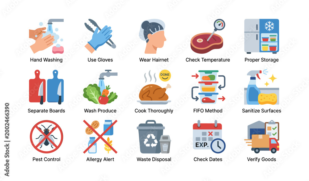 Fototapeta premium Food safety and hygiene icons showing kitchen handling steps