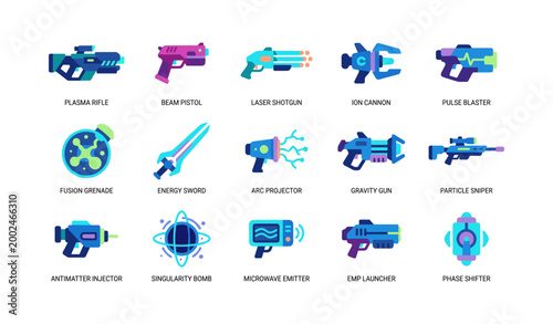 Futuristic weapon and gadget icons displayed on white grid