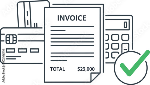 Line art illustration of a business invoice with a credit card and calculator.