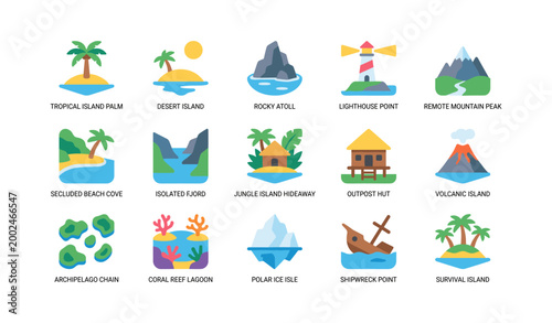 Grid of island and landscape icons on white background