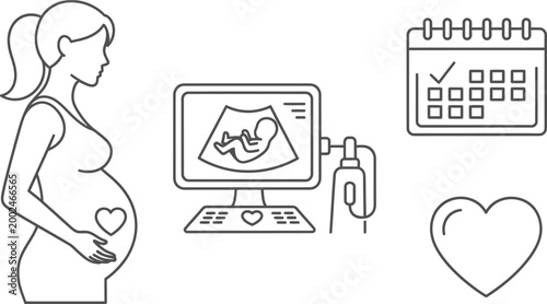 Line art illustration of a pregnant woman getting a prenatal ultrasound scan.