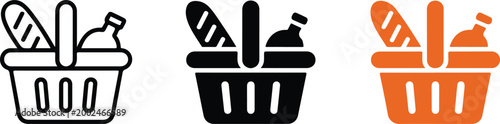 Set of picnic basket icons containing bread and wine bottle representing outdoor dining summer leisure food shopping and grocery market delivery.