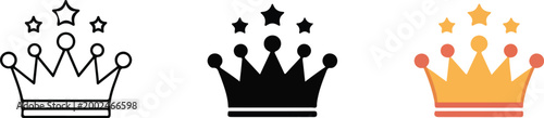 Set of royal crown icons with star accents representing premium quality luxury leadership success achievement and gold ranking status for business branding.