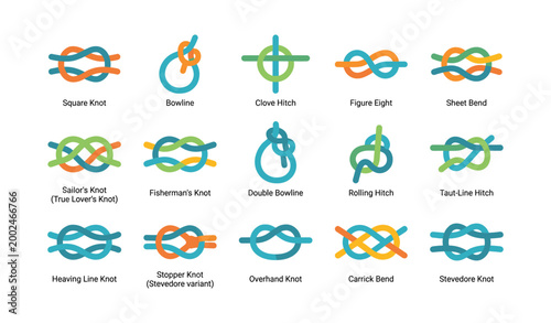 Assorted knot illustrations showing various ties on white background