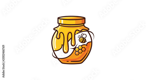 Cartoon illustration of an organic honey jar with a cute bee and honeycomb.