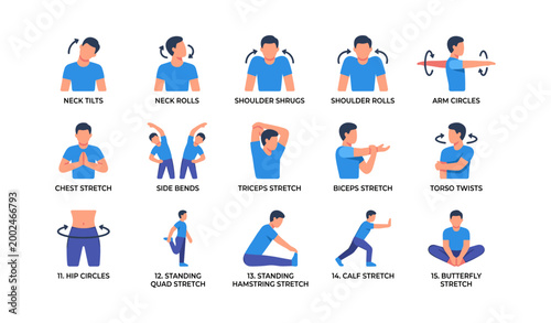 Person performing stretching exercises in grid on white background