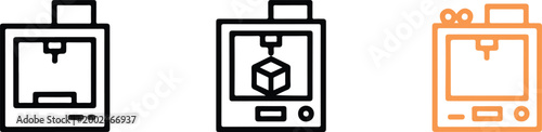 Set of three dimensional printing machine icons representing additive manufacturing rapid prototyping and industrial tech innovation for modern engineering projects.