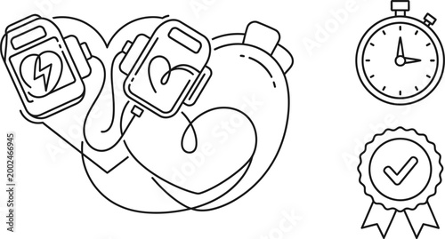 Medical defibrillator line art icons set with heart symbol and timer.