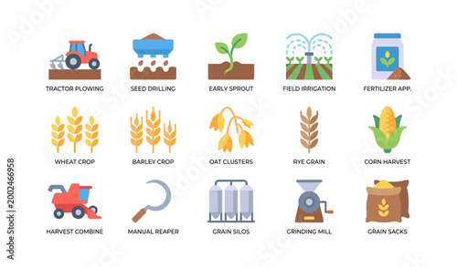 Crop production and farm machinery icons arranged in grid