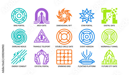 Portal and gate icons displayed in rows on white background