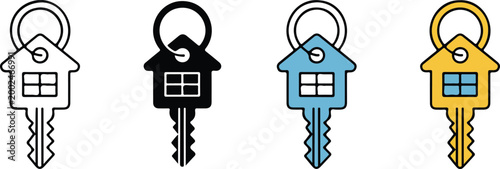 Set of house key icons in various styles representing real estate mortgage home ownership security and residential property sales for commercial business.