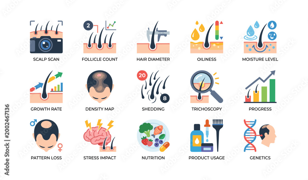 Fototapeta premium Hair diagnostic icons showing scalp analysis and metric charts