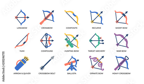 Archery and bow types icons displayed in grid on white background
