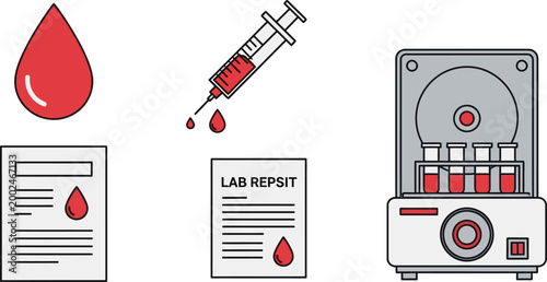 Medical Laboratory Blood Testing Icons and Equipment Set.