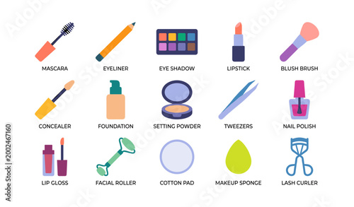 Makeup tools arranged in labeled grid on white background