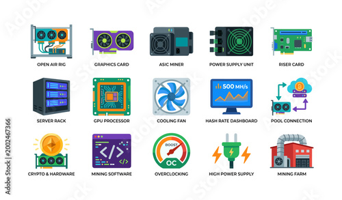 Cryptocurrency mining hardware and concept icons on white background